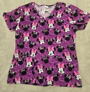 Disney Purple Minnie Mouse Scrub Top Womens Size XS Dental Medical Nurse AOP